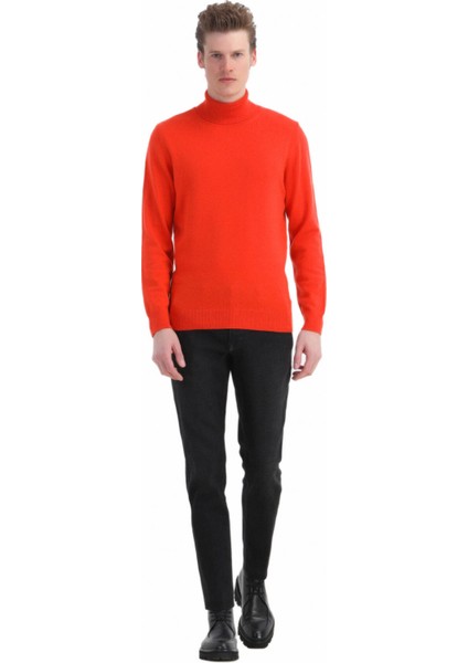 Turuncu Tam Balıkçı Yaka Jakarlı Yün Karışımlı Triko Kazak