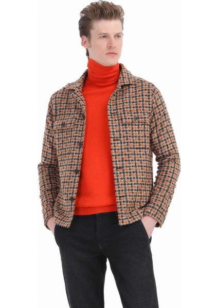 Turuncu Tam Balıkçı Yaka Jakarlı Yün Karışımlı Triko Kazak