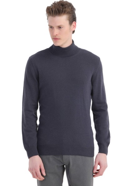 Mor Tam Balıkçı Yaka Jakarlı Yün Karışımlı Triko Kazak