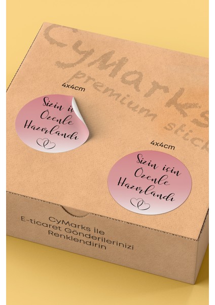 Sizin Için Özenle Hazırlandı Yazılı Sticker Paketleme Kargo Ambalaj Etiketi - 4X4CM 70 Adet Yuvarlak fiyatları