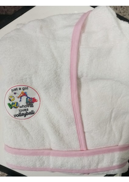 Kız Çocuk Bornozu, Pembe-Beyaz, Pamuklu, "voleybol Aşığı" Desenli modelleri