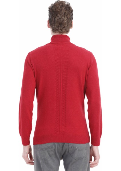 Kırmızı Tam Balıkçı Yaka Jakarlı Yün Karışımlı Triko Kazak