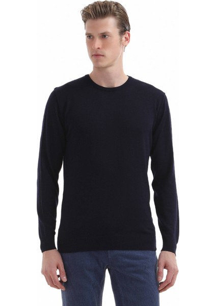 Lacivert Bisiklet Yaka Düz Örgü %100 Yün Triko Kazak