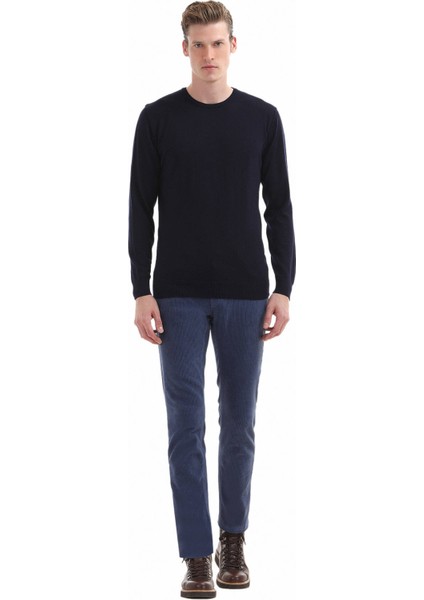 Lacivert Bisiklet Yaka Düz Örgü %100 Yün Triko Kazak