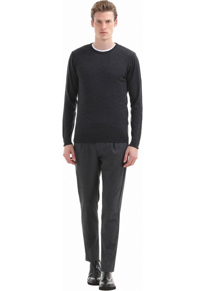 Antrasit Bisiklet Yaka Düz Örgü %100 Yün Triko Kazak indirimleri