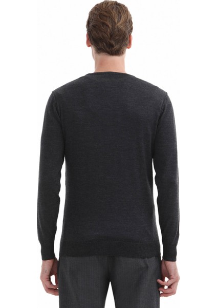 Antrasit Bisiklet Yaka Düz Örgü %100 Yün Triko Kazak