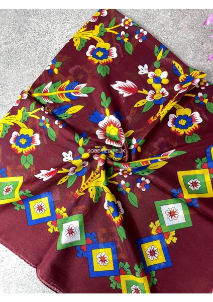 Bordo Çiçekli Desenli Yazma Eşarp – Çeyizlik ve Günlük Kullanıma Uygun Başörtüsü