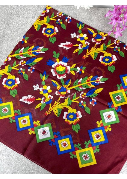 Bordo Çiçekli Desenli Yazma Eşarp – Çeyizlik ve Günlük Kullanıma Uygun Başörtüsü modelleri