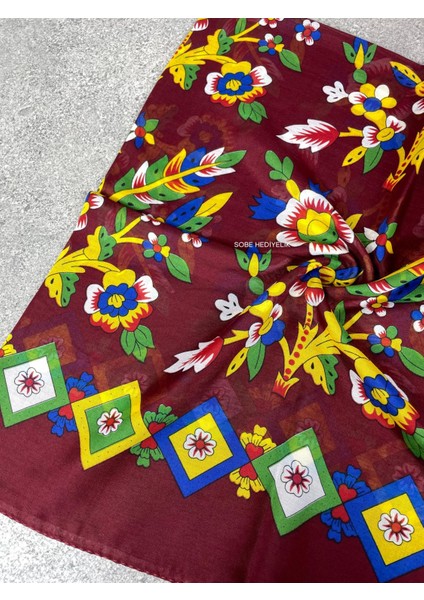 Bordo Çiçekli Desenli Yazma Eşarp – Çeyizlik ve Günlük Kullanıma Uygun Başörtüsü