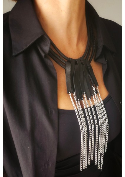 Hakiki Deri Siyah Zincir Kolye