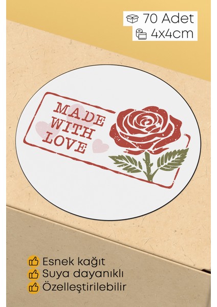 Made With Love Yazılı Sticker Paketleme Kargo Ambalaj Etiketi - 4X4CM 70 Adet Yuvarlak