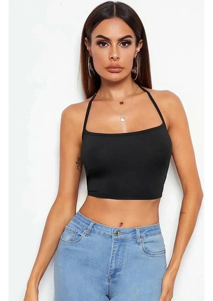 Kadın Sırtı Açık Siyah Belden Bağlamalı Crop Büstiyer modelleri