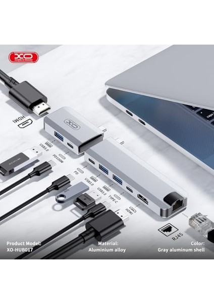 Xo Is Beauty HUB017 2'li Taşınabilir Istasyonu 9 In 1,2x Power Delivery Şarj Etmek Için, 3x USB 3.0 5gbps Hız, Ethernet 100MBPS,2X HDMI 4K 30Hz, Type-C, MacBook Ile Uyumlu, Gri modelleri