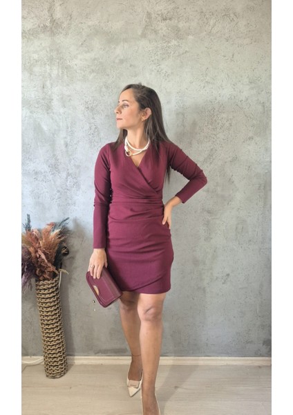 Kruvaze Yaka Drape Detaylı Elbise