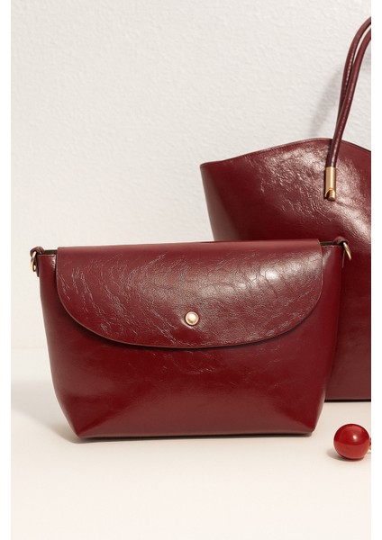Bag Cherry Shine Bordo Suni Deri Charm Detaylı Cüzdanlı Makyaj Çantalı Kadın Omuz Çantası fırsatları