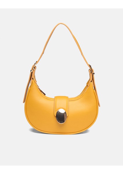 Bag Oval Charm Hardal Sarı Suni Deri Fermuarlı Baget Kadın Omuz Çantası Gizli Gözlü Askılı