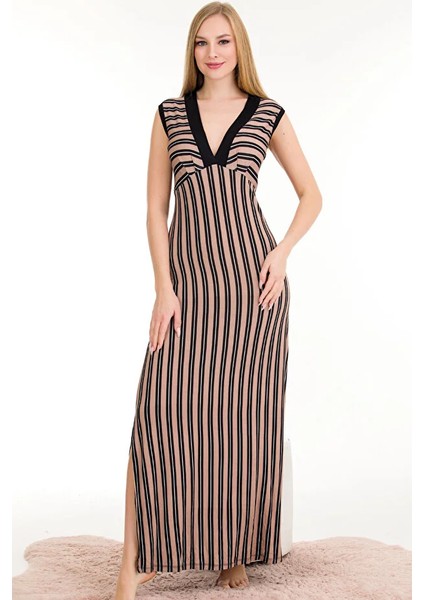 Lady Lingerie Viskon Kumaş Çizgili Desenli Sıfır Kol V Yaka Uzun Elbise