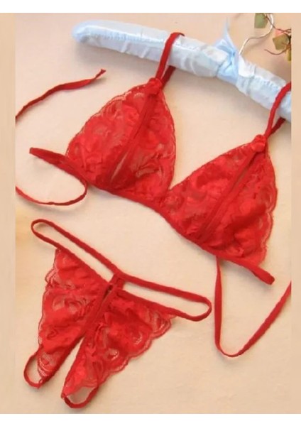 Fantezi Kırmızı Dantelli Seksi Sütyen Kilot Takım
