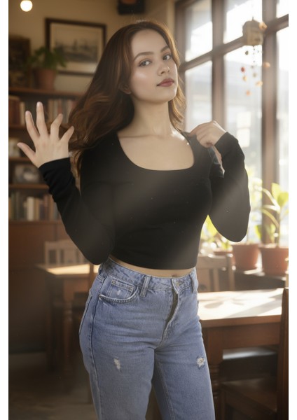 Kadın Kare Yakalı Crop Uzun Kollu Pamuklu Bluz fiyatları