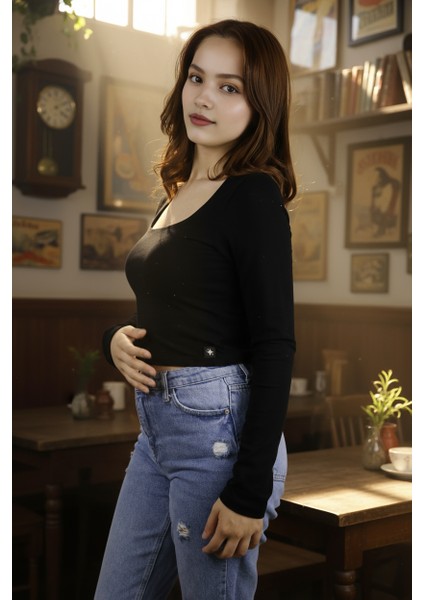 Kadın Kare Yakalı Crop Uzun Kollu Pamuklu Bluz modelleri