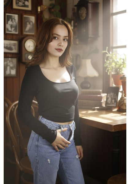 Kadın Kare Yakalı Crop Uzun Kollu Pamuklu Bluz fırsatları