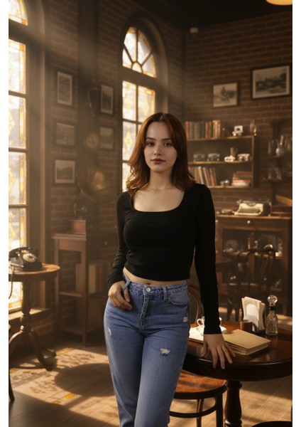 Kadın Kare Yakalı Crop Uzun Kollu Pamuklu Bluz