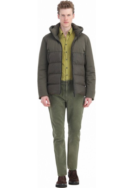 Haki Regular Fit Kapüşonlu Casual Dokuma Mont