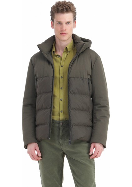 Haki Regular Fit Kapüşonlu Casual Dokuma Mont