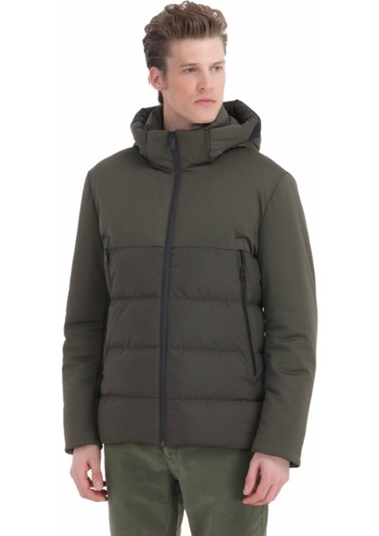 Haki Regular Fit Kapüşonlu Casual Dokuma Mont