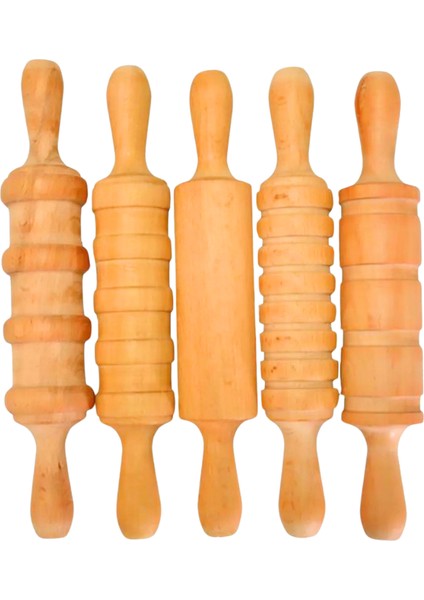 Ahşap 5’li Desenli Kayın Ağacı Merdane Seti Oyun ve Mutfak Hamuru Için modelleri