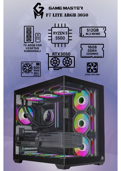 F7 Lite Argb RTX3050 Ryzen 5 5500 Cpu 16GB Ddr4 Ram 512GB M2 SSD RTX3050 6gb 7x Argb Fanlı Gaming Pc fiyatları