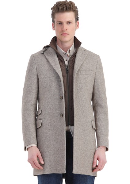 Bej Regular Fit Gizli Kapüşon Casual Örme Palto