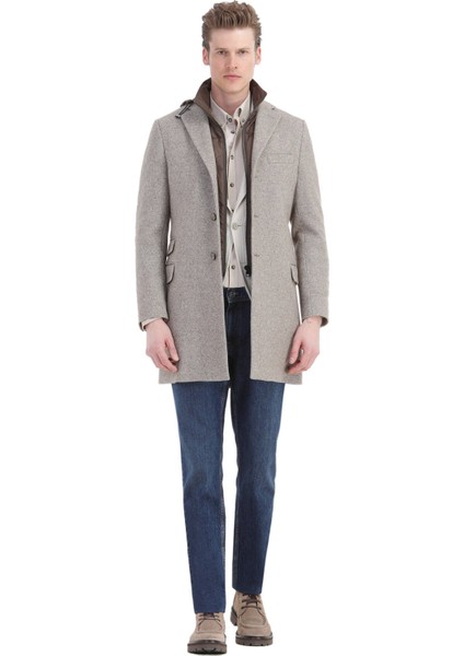 Bej Regular Fit Gizli Kapüşon Casual Örme Palto