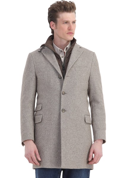 Bej Regular Fit Gizli Kapüşon Casual Örme Palto