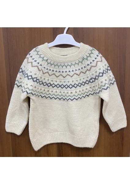 Kids Ekru Bisiklet Yaka Jakarlı Triko Kazak
