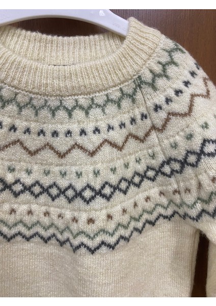 Kids Ekru Bisiklet Yaka Jakarlı Triko Kazak