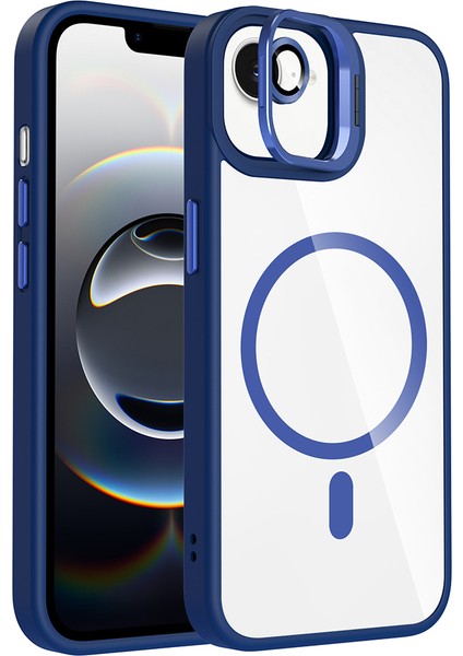 iPhone 16E Kılıf Standlı ve Kamera Lens Hediyeli M-Safe Şarj Özellikli Aden Etro Kapak - Lacivert