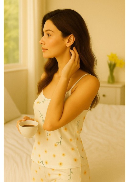 Kadın Beyaz Ip Askılı Çiçek Desenli Pijama Takımı fiyatları