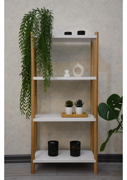 Beyaz Ahşap 4 Raflı Çiçeklik, Saksılık, Çiçek Standı, Dekoratif Raf , Çok Amaçlı Kullanım