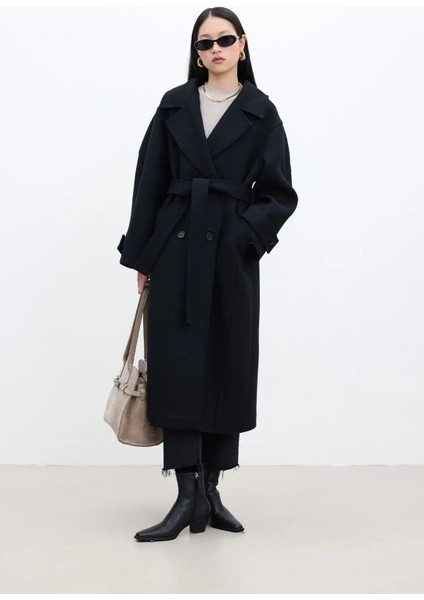 Kemerli Oversize Premium Kadın Kaşe Kaban