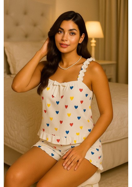 Kalp Baskılı Yumuşak Dokulu Ip Askılı Şortlu Örme Pijama Takımı