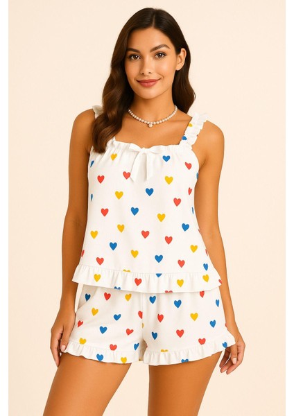 Kalp Baskılı Yumuşak Dokulu Ip Askılı Şortlu Örme Pijama Takımı fiyatları