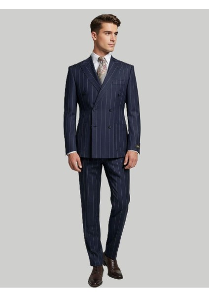 Lacivert Çizgili Modern Fit Kruvaze Takım Elbise – Premium Collection fiyatları