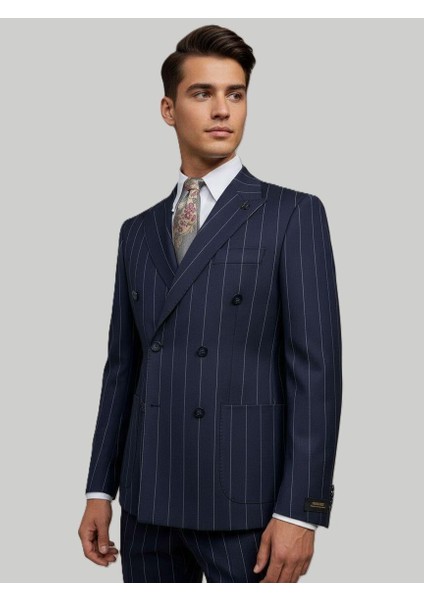 Lacivert Çizgili Modern Fit Kruvaze Takım Elbise – Premium Collection modelleri