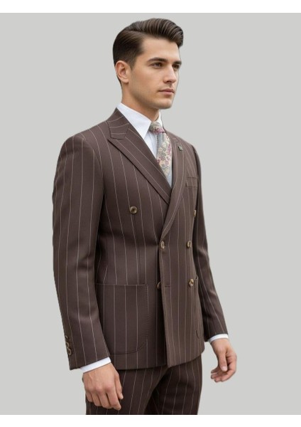 Kahverengi Çizgili Modern Fit Kruvaze Takım Elbise – Premium Collection fiyatları