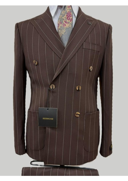 Kahverengi Çizgili Modern Fit Kruvaze Takım Elbise – Premium Collection fırsatları