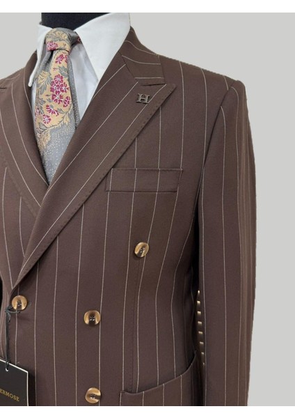 Kahverengi Çizgili Modern Fit Kruvaze Takım Elbise – Premium Collection indirimleri