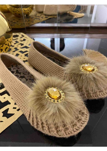 Kadın El Yapımı Örgü - Ev Terliği – Beyoğlu Inci Taş Detaylı, Rahat ve Şık - Çeyizlik Patik