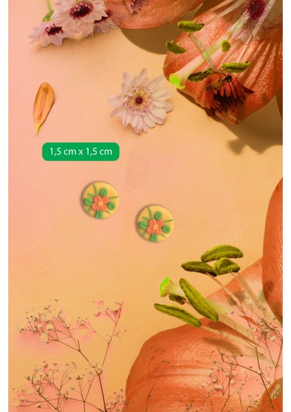 Muffyclay Özel Tasarım, El Yapımı Polimer Kil Sarı Üzeri Çiçekli Küpe