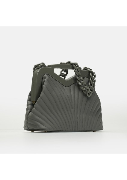 Bag Vivid Chain Gri Suni Deri Zincir Askılı Klips Kapamalı Kadın El ve Omuz Çantası